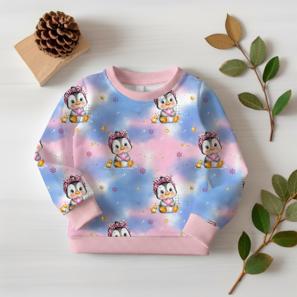 Pinguin-Pullover mit babyrosa Bündchen 1:1