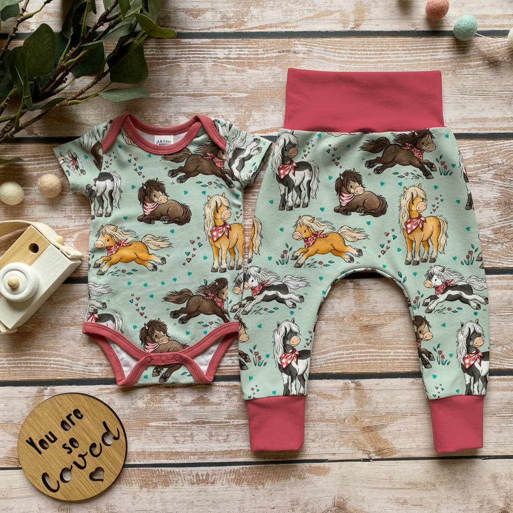 Pony Body und Pumphose nebeneinander Flatlay