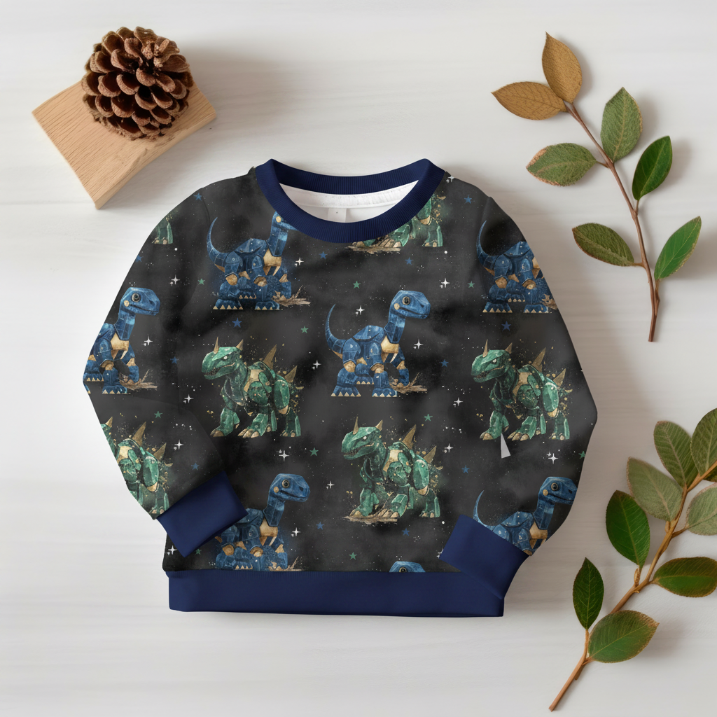 Roboter-Dino-Pullover mit Marineblau-Bündchen 1:1
