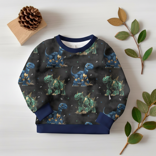 Roboter-Dino-Pullover mit Marineblau-Bündchen 1:1