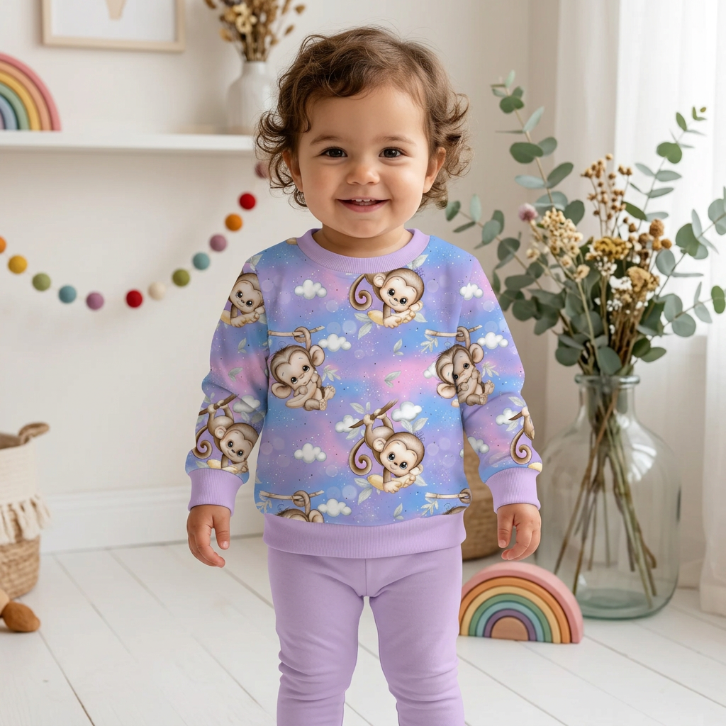 Tragebild Äffchen-Pullover mit fliederfarbenen Bündchen
