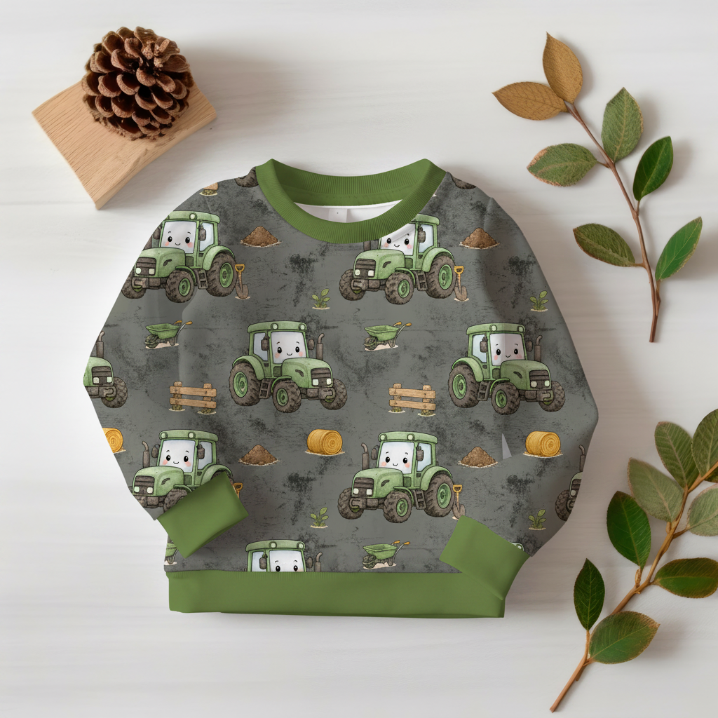 Traktor-Pullover mit grünen Bündchen 1:1