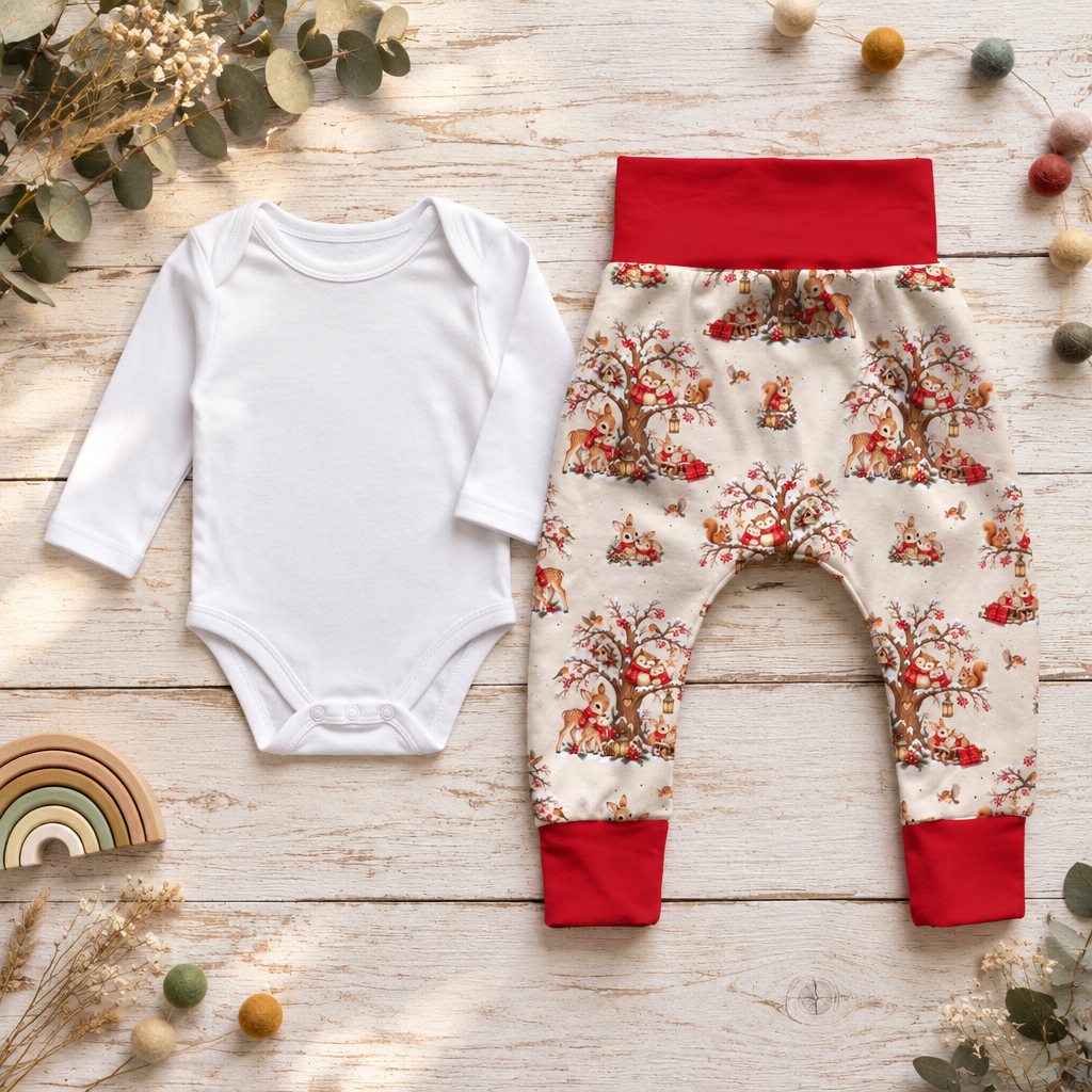 Waldtier-Pumphose mit roten Bündchen und Body als Flatlay