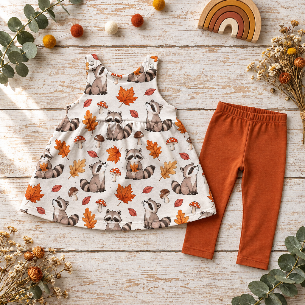 Waschbär-Latzkleid mit passender Leggings