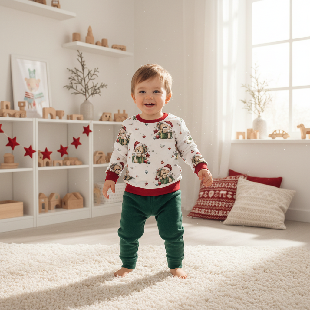 Weihnachtsbär-Pullover Junge rot 1:1