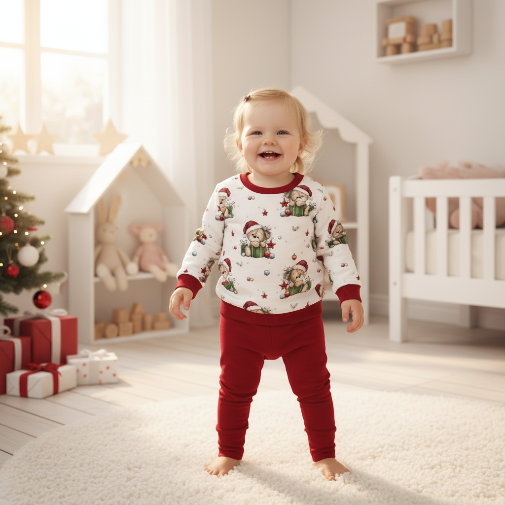 Weihnachtsbär-Pullover Mädchen rot 1:1