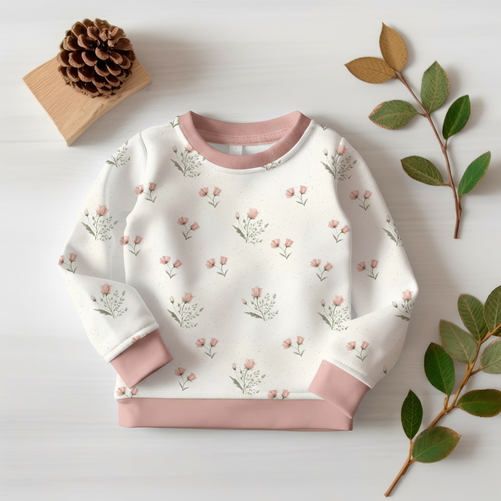 Wildblumen-Pullover mit altrosa Bündchen 1:1