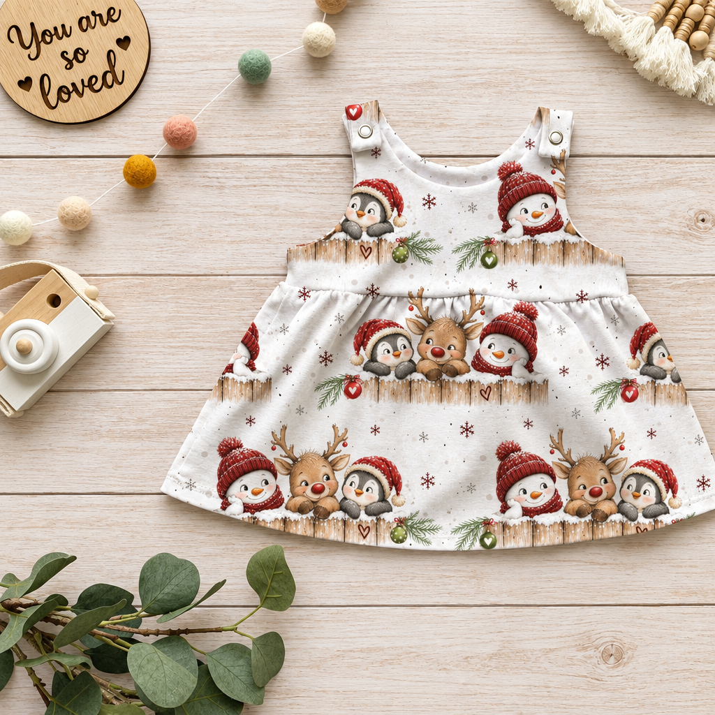Winter Friends Latzkleid Flatlay