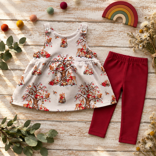 Winterwald-Latzkleid mit roter Leggings